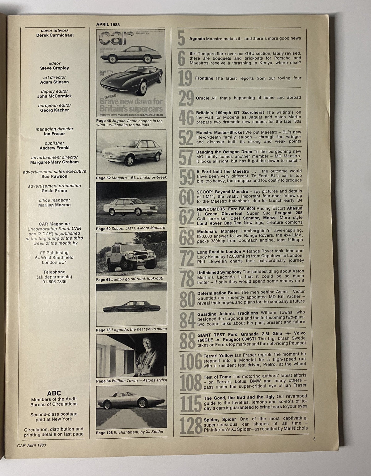 Table of Contents from Car Magazine April 1983, detailing various articles and features including the Aston Martin and Jaguar F-Type.
