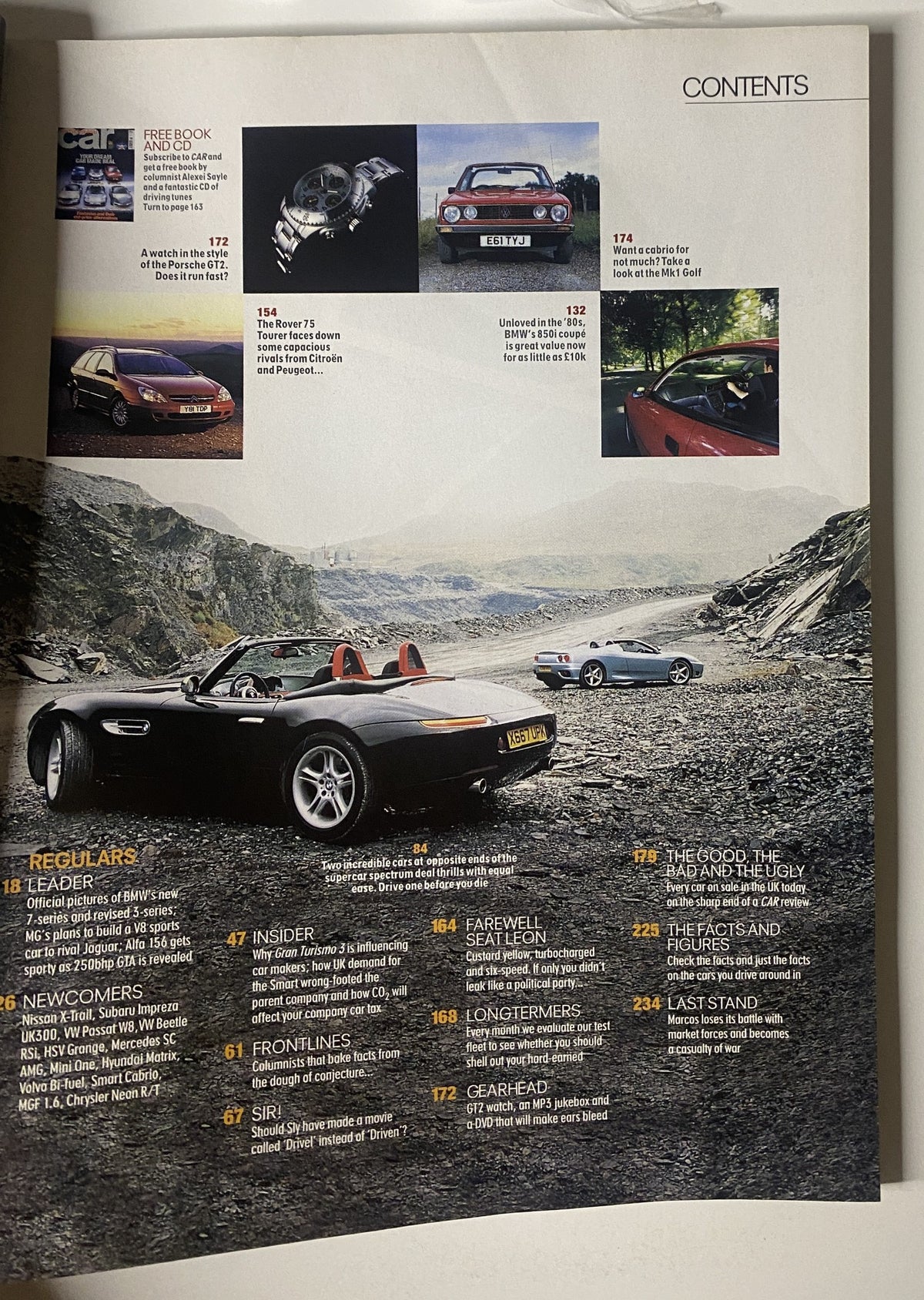 Table of contents from Car Magazine August 2001, detailing regular features, newcomer cars, and exclusive reviews including Renault Avantime, and Damon Hill interview.