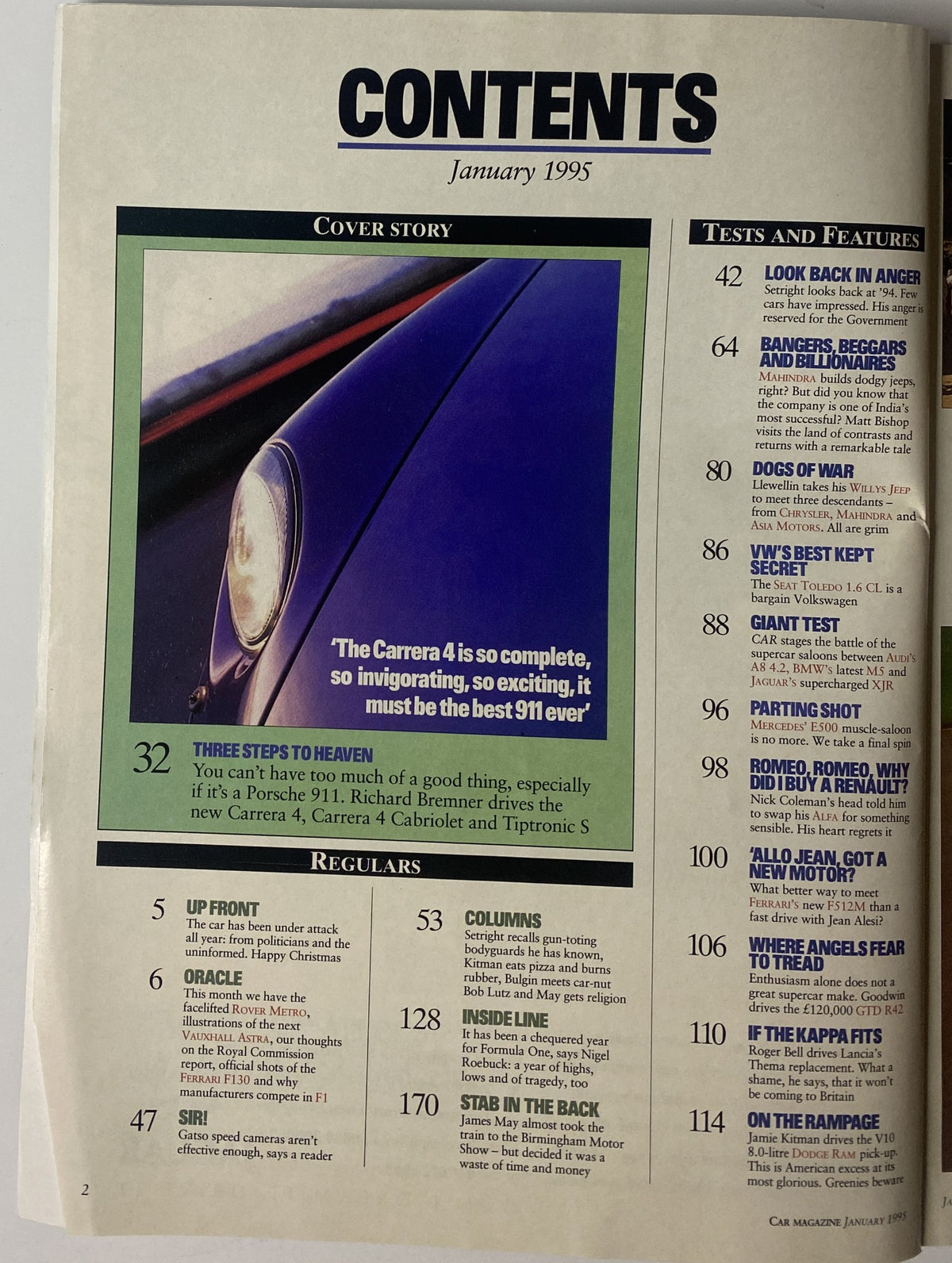 Contents page of Car Magazine January 1995, highlighting articles including 'Three Steps to Heaven' and the cover story on Porsche 911 Carrera 4.