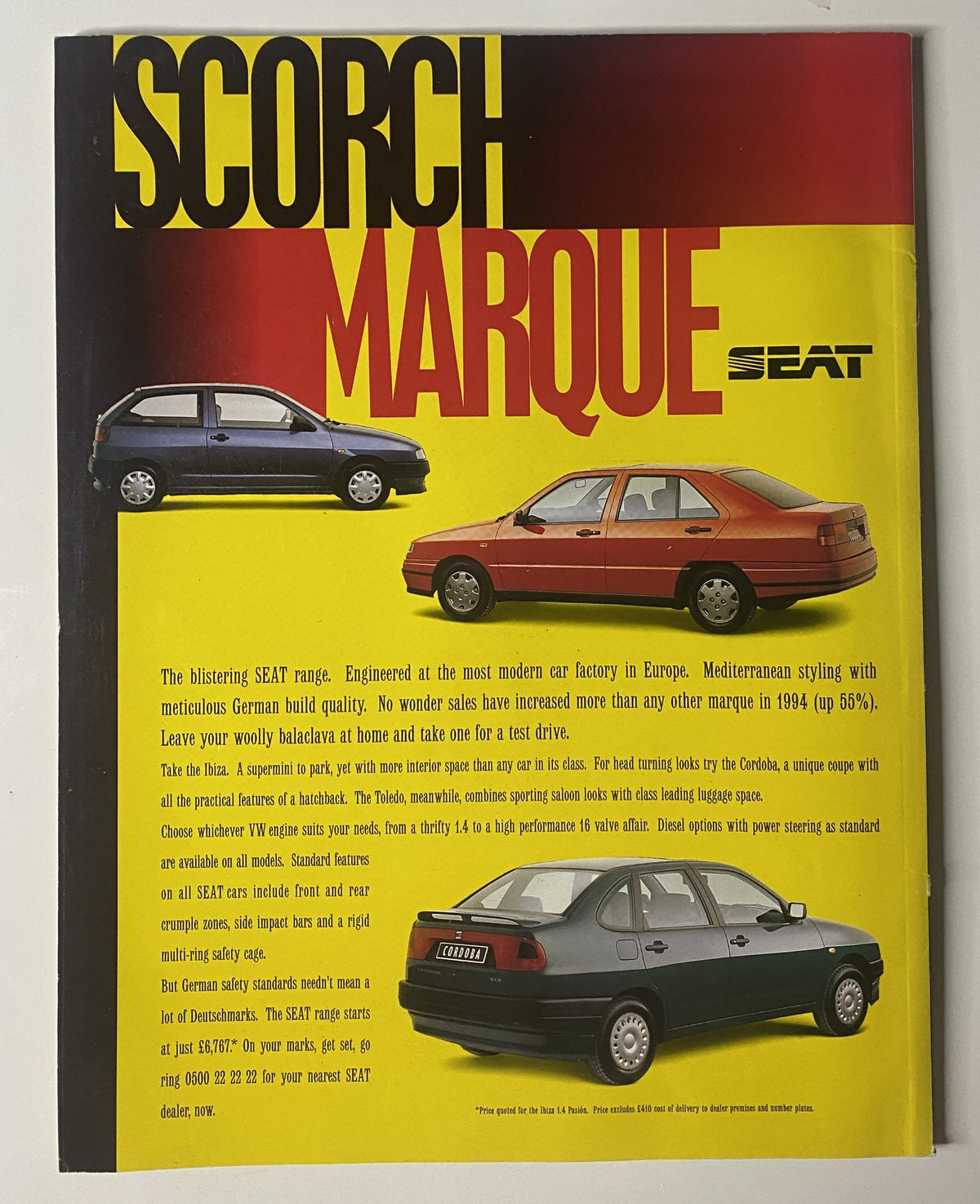 Advertisement page for 1994 SEAT range in Car Magazine January 1995, showcasing various SEAT models with bold graphics.
