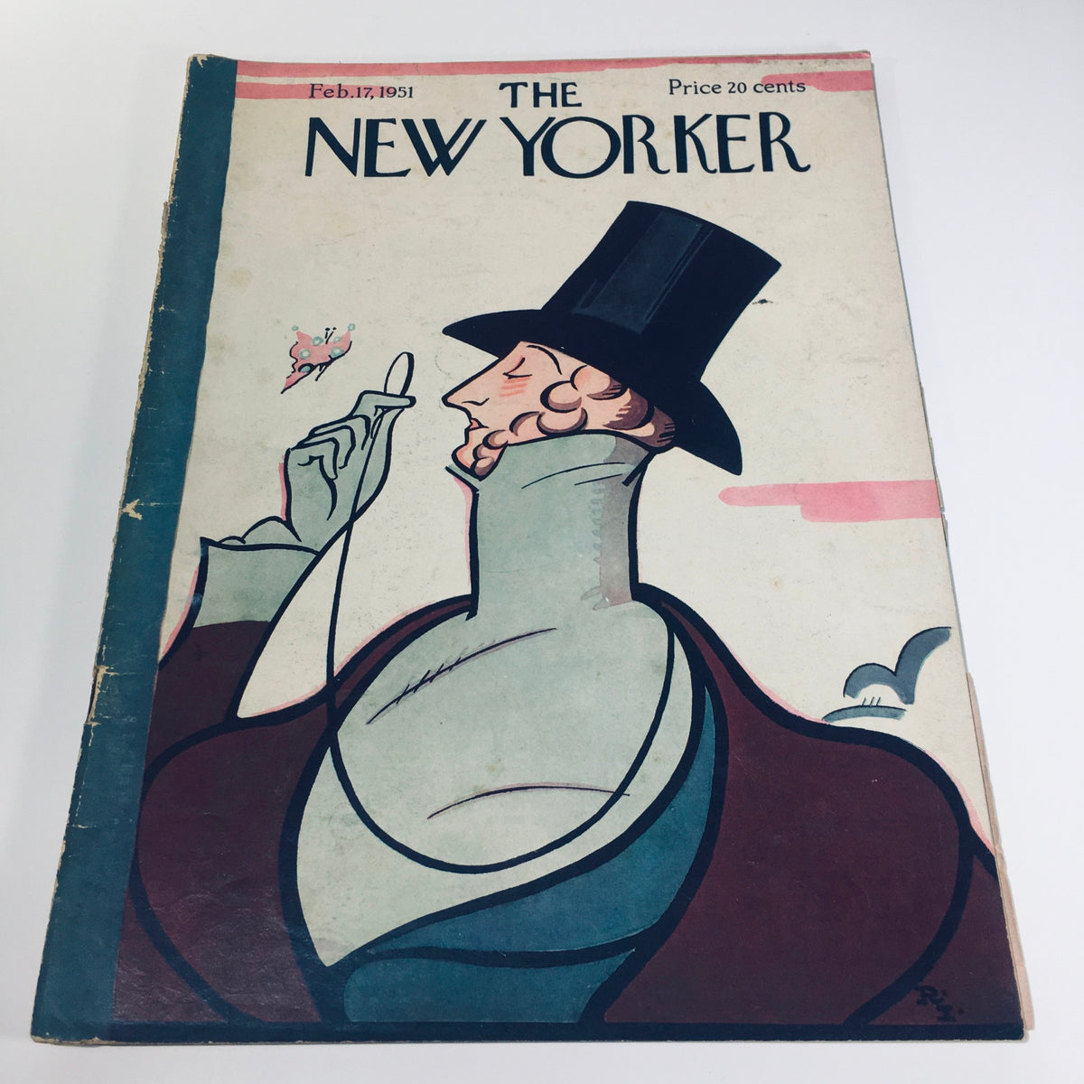 Vintage cover of The New Yorker magazine dated February 17, 1951, featuring artistic illustration by Rea Irvin, showcasing a gentleman in a top hat.