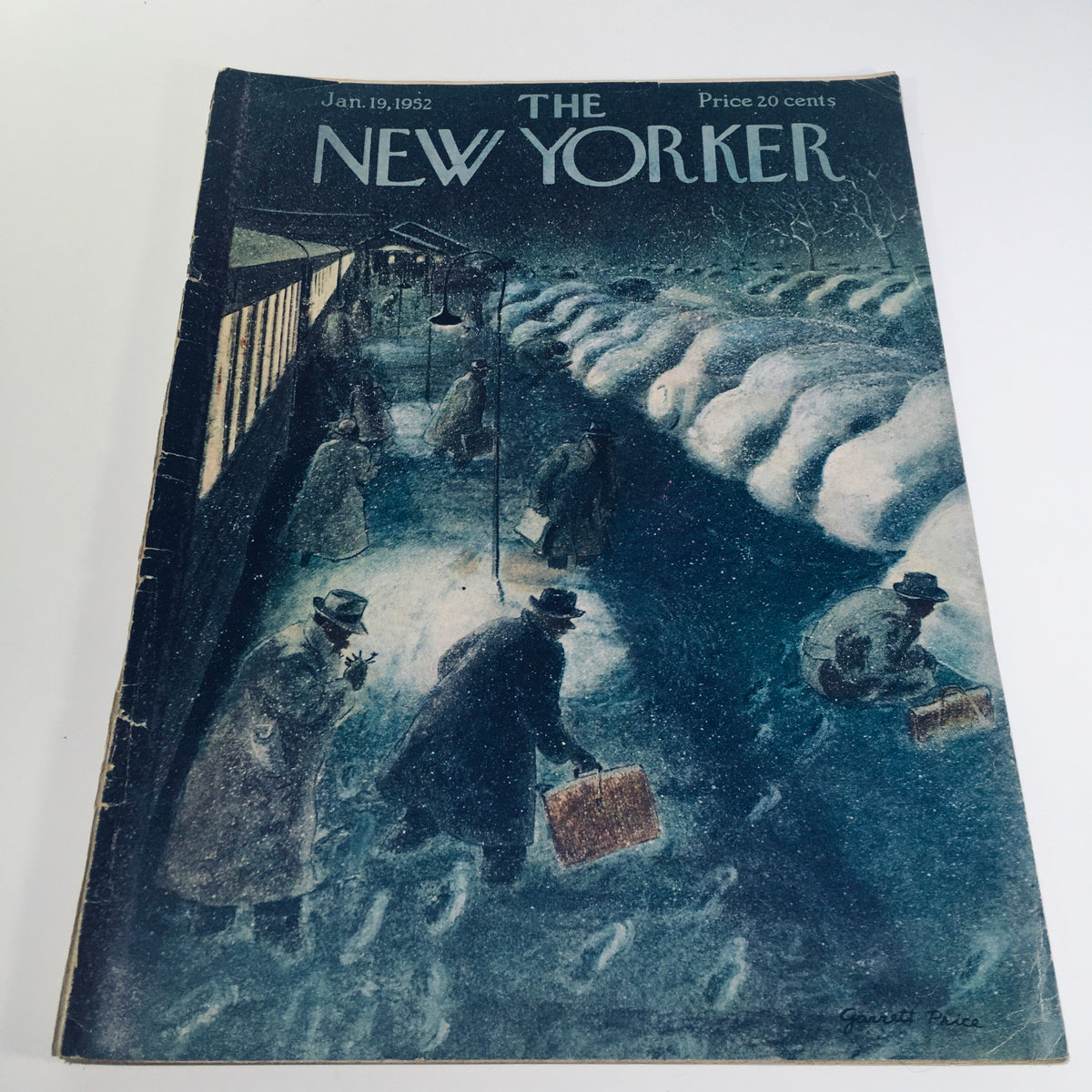 Cover of The New Yorker: January 19 1952 featuring theme artwork by Garrett Price, showcasing scenes of a snowy urban landscape with figures carrying briefcases in the winter.