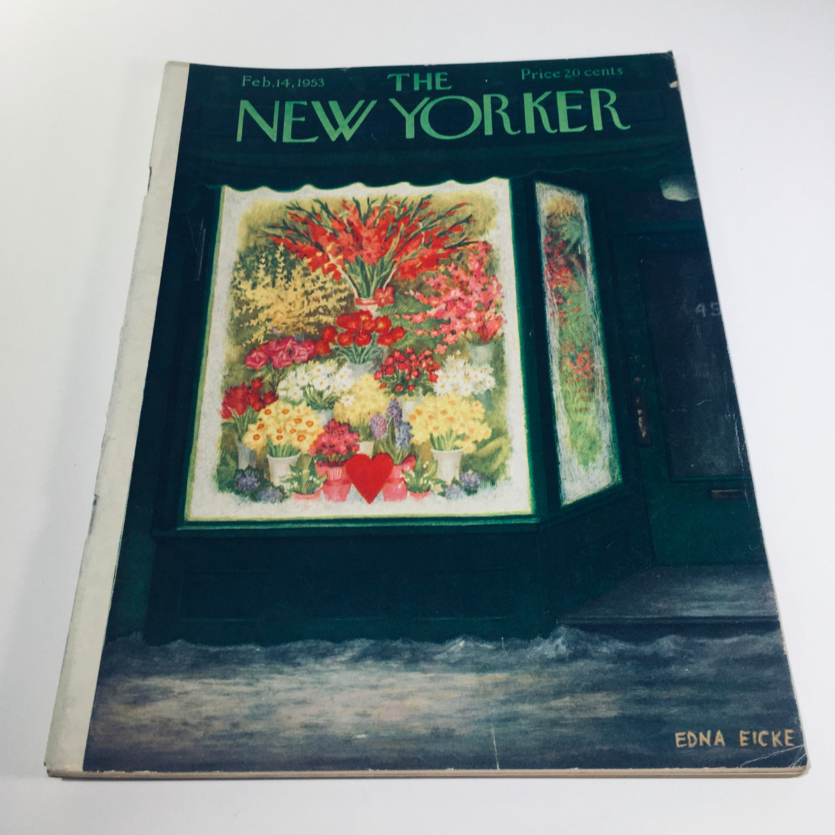 Cover of The New Yorker magazine from February 14, 1953, featuring a vibrant window display of flowers, illustrated by Edna Eicke, showcasing mid-20th century artistic expression.
