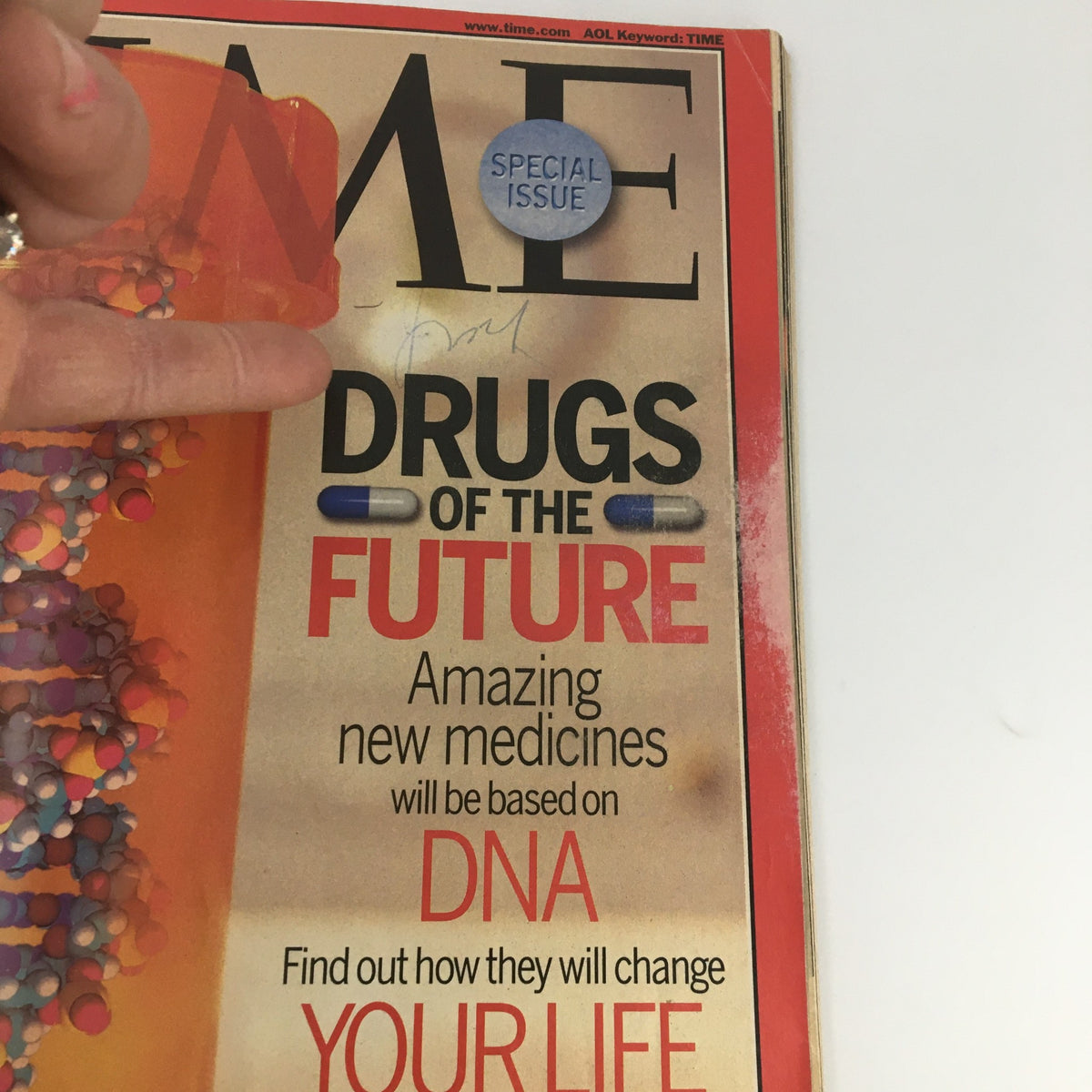 Close-up view of Time Magazine's cover from January 15, 2001, featuring the title 'Drugs of the Future', highlighting new medicines based on DNA, with a 'Special Issue' badge visible.