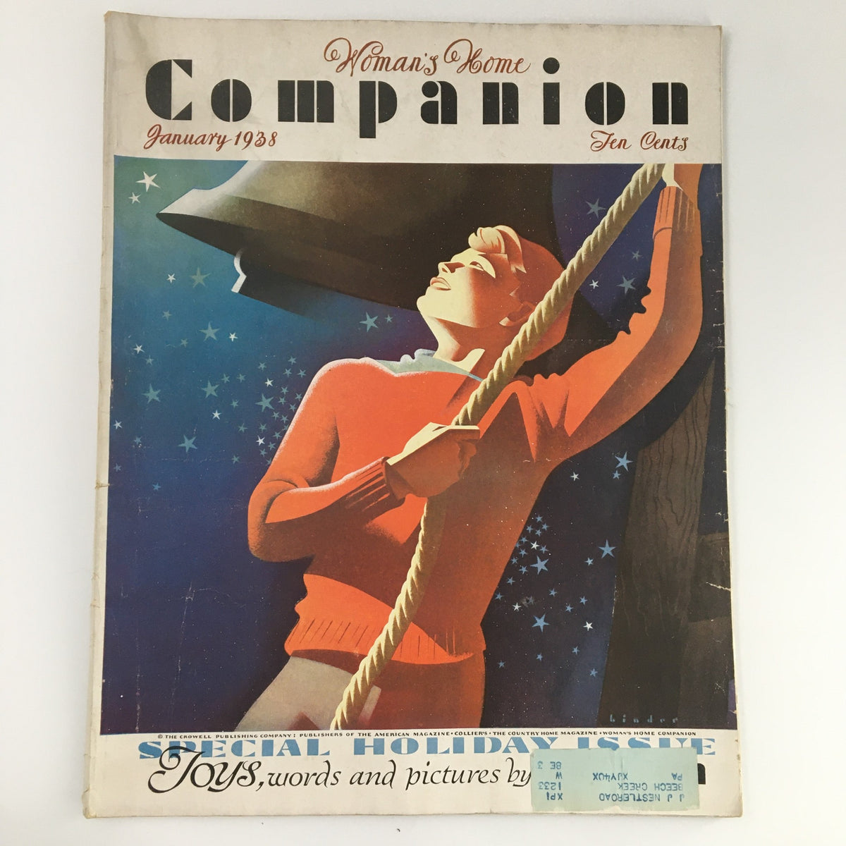 Cover of the VTG Woman's Home Companion Magazine from January 1938 featuring a festive illustration with a boy holding a rope against a starry background, labeled as Special Holiday Issue.
