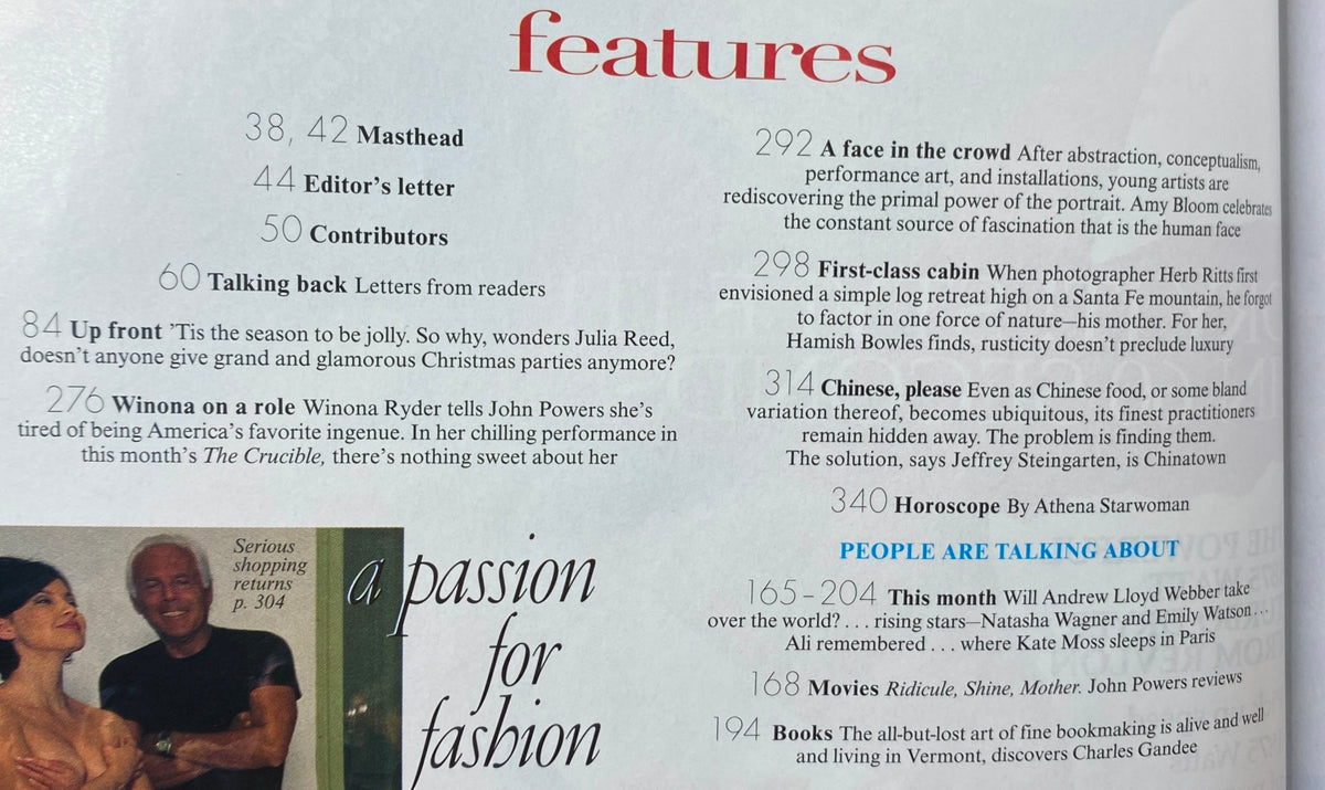 Feature section from Vogue Magazine December 1996, detailing articles including Winona Ryder's interview and seasonal fashion insights.