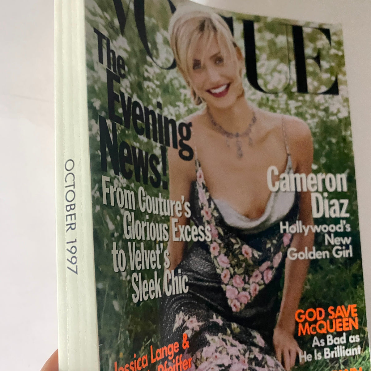 Side view of Vogue Magazine October 1997 showcasing Cameron Diaz on the cover, highlighting the issue date and topic features.