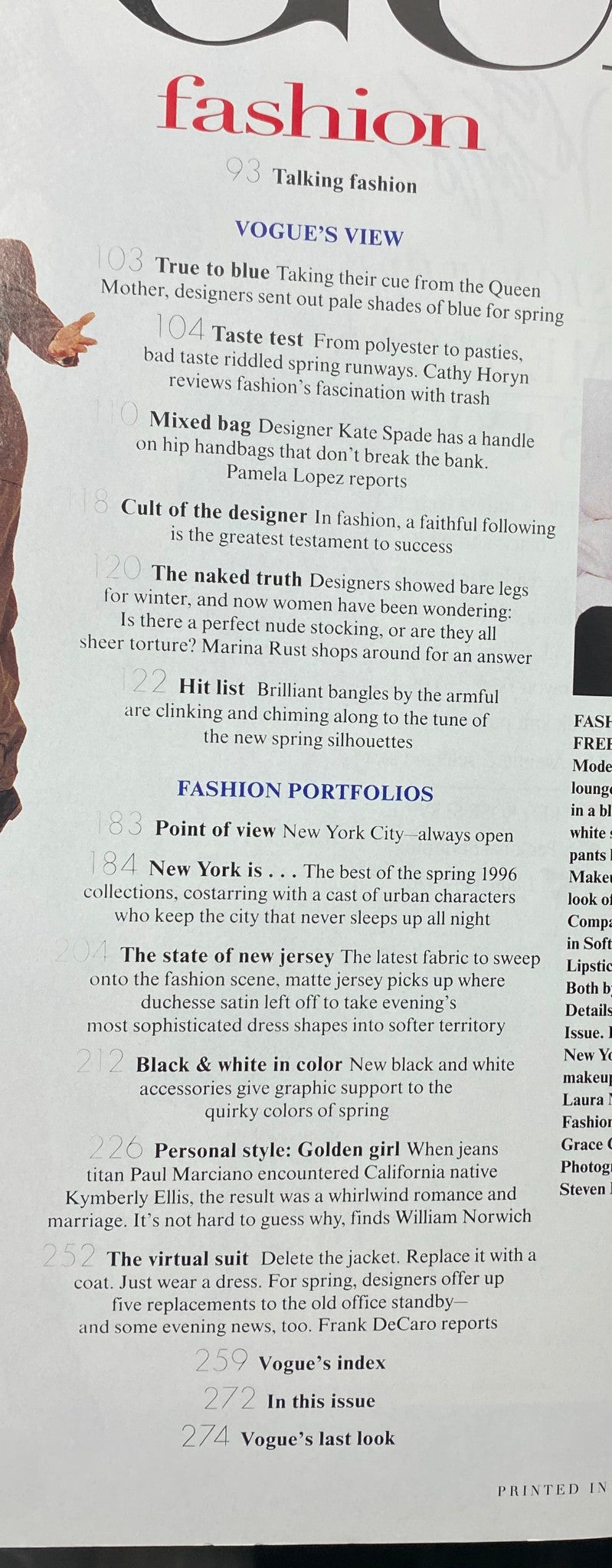 Contents page from Vogue Magazine February 1996, detailing articles and features such as 'True to blue' and 'Mixed bag', highlighting fashion insights and expert opinions.