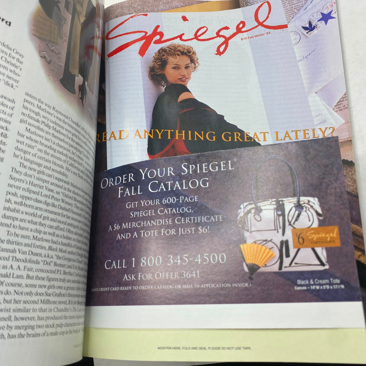 Advertisement page for Spiegel catalog from the Vogue Magazine June 1995 showcasing fashion and accessories with a model.