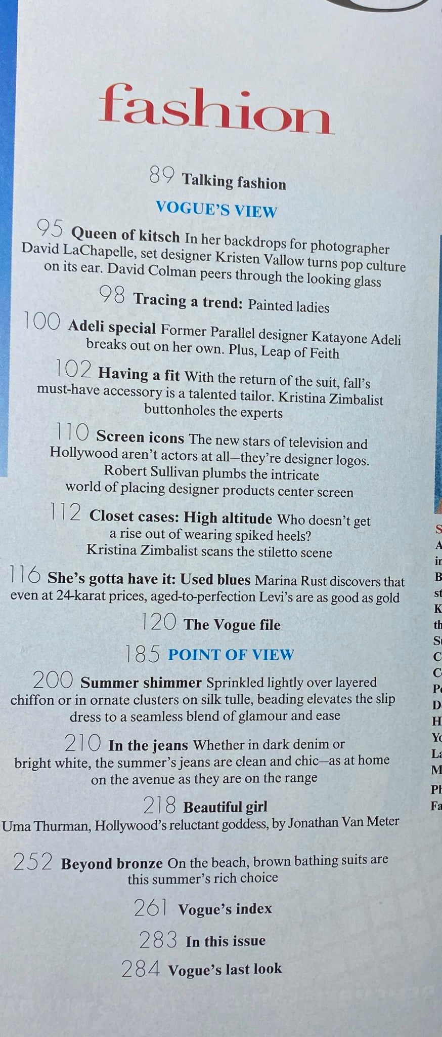 Table of contents from Vogue Magazine June 1997, featuring articles such as 'Queen of Kitsch' and 'Beautiful Girl' focusing on Uma Thurman.
