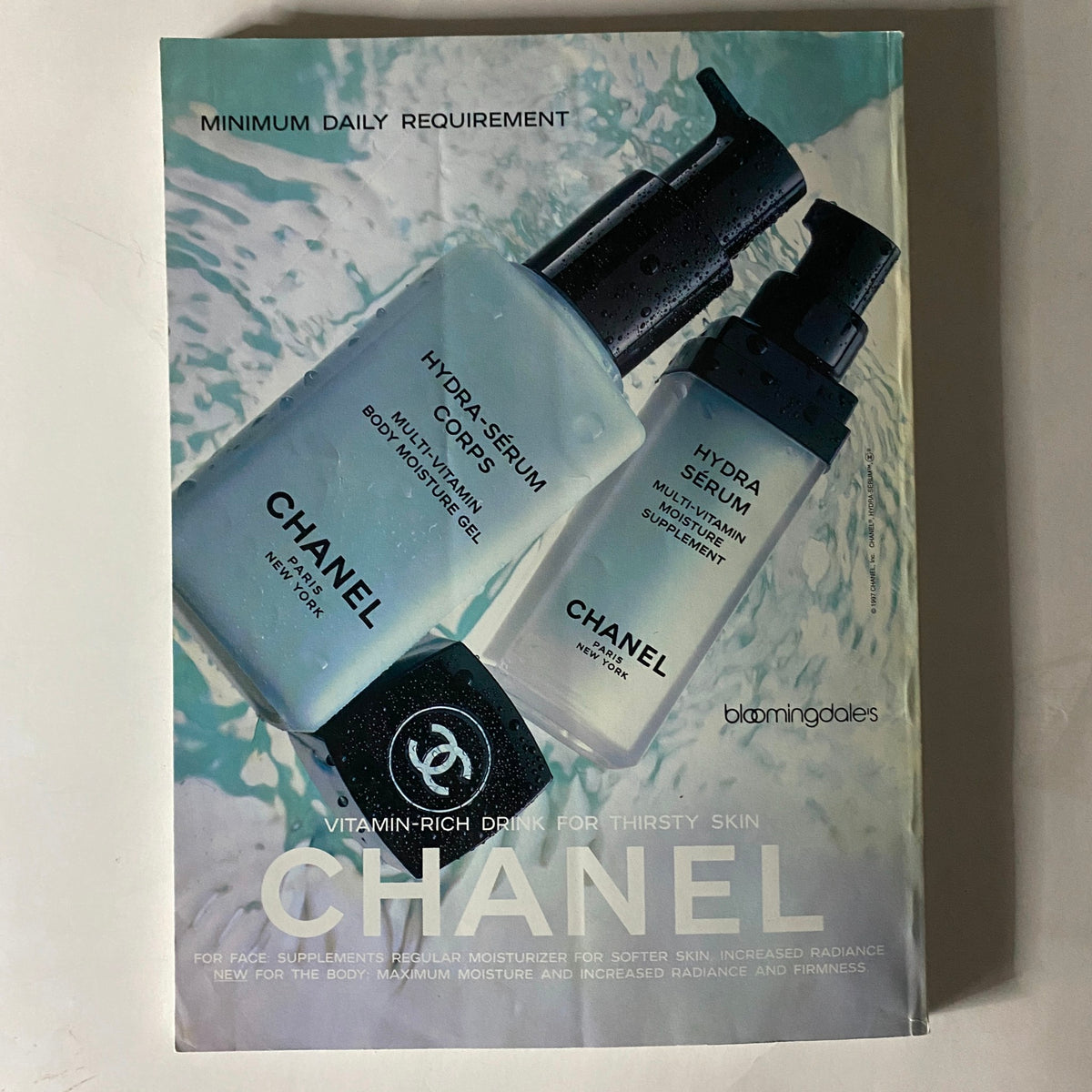 Chanel advertisement from Vogue Magazine June 1997, featuring Hydra-Serum products for skincare with a clean, modern aesthetic.