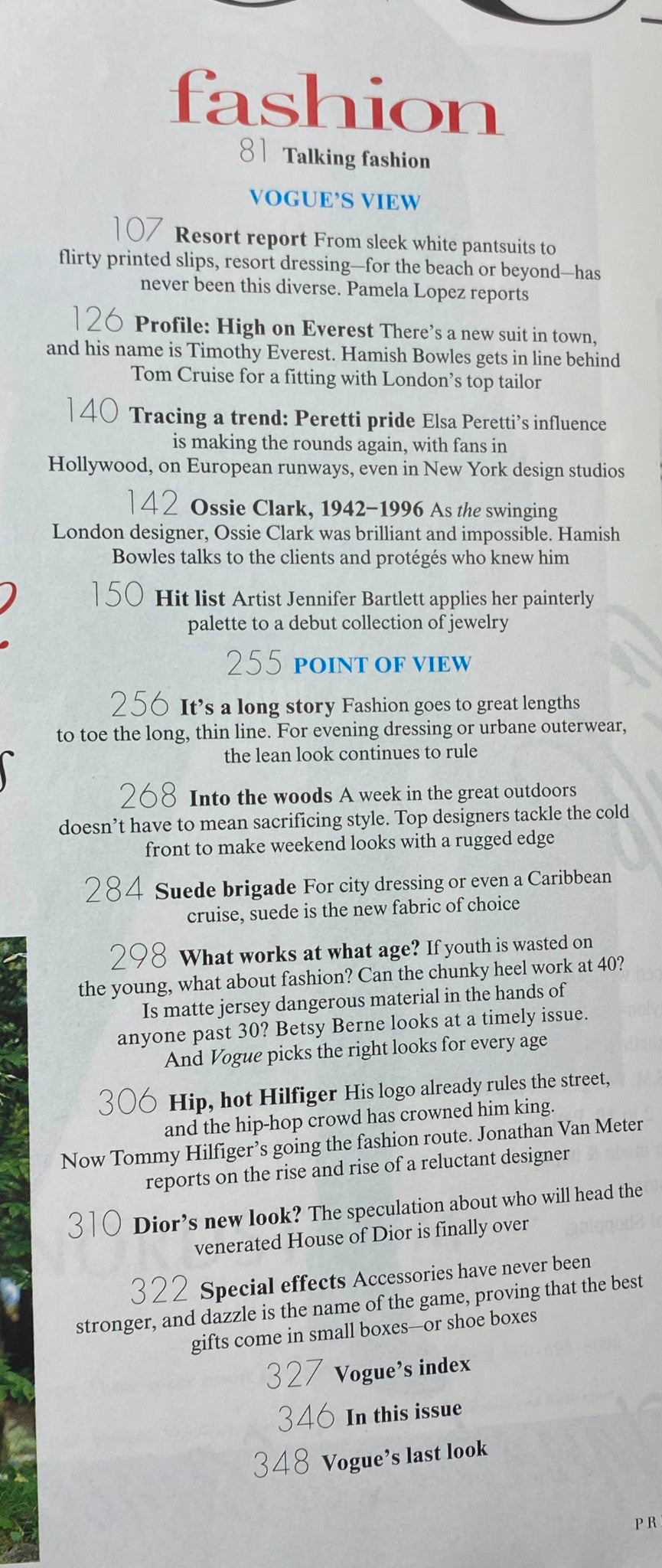 Table of contents from Vogue Magazine November 1996, highlighting segments like 'Vogue's View' and fashion trends of that era.
