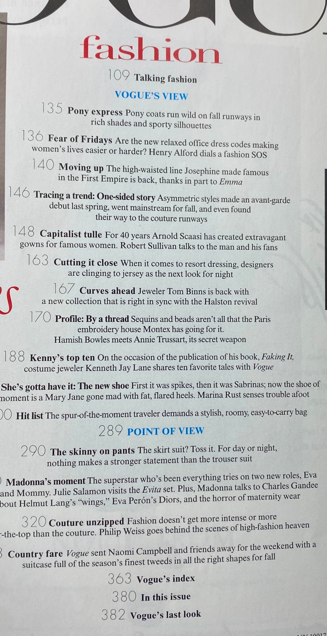 Page from Vogue Magazine October 1996 detailing fashion articles, including 'Madonna’s moment' discussing her roles in Evita and motherhood.