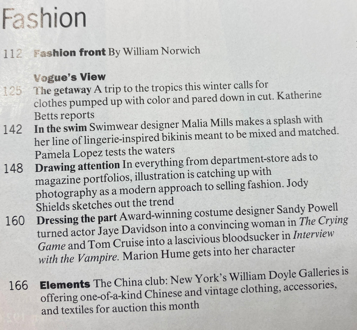Contents page from Vogue Magazine November 1994 with fashion features such as 'Fashion Front' and articles on tropical getaway styles and trend illustrations.