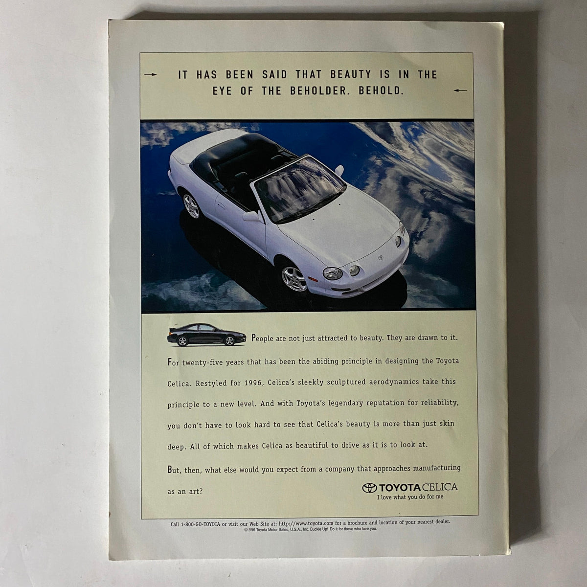 Back cover of Vogue Magazine July 1996 featuring a Toyota Celica advertisement with a caption about beauty in design.