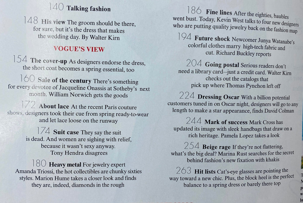 Table of contents from Vogue Magazine March 1996, illustrating featured articles on fashion, celebrity insights, and notable designers.