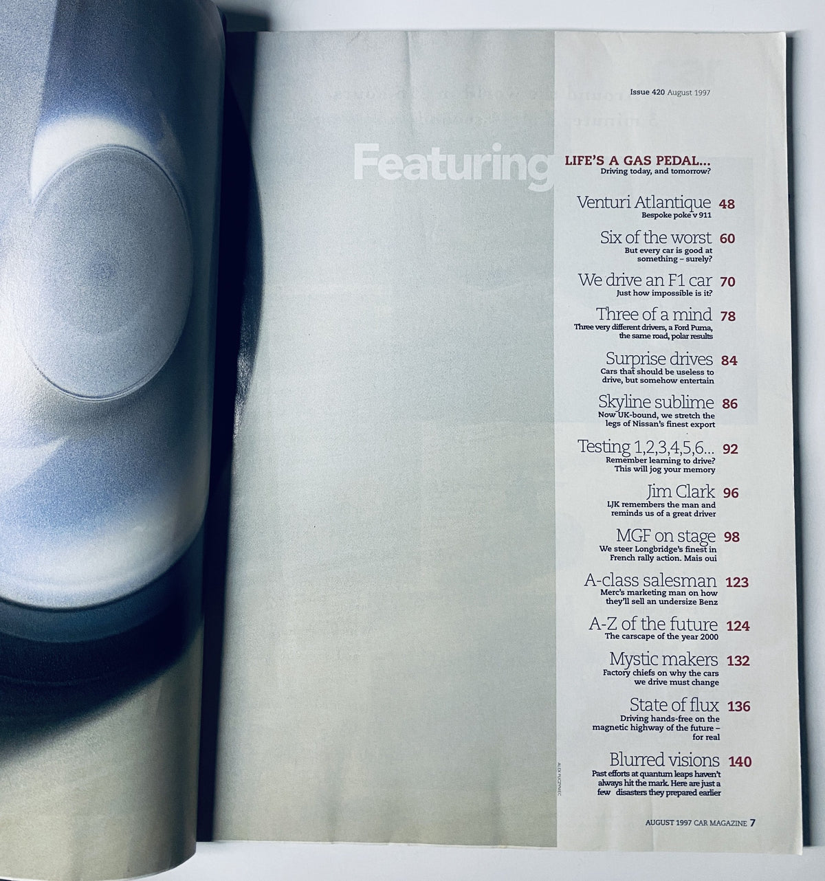 Inside Car Magazine August 1997 featuring a table of contents with articles about Venturi Atlantique, F1 car driving experience, and Skyline GT-R.