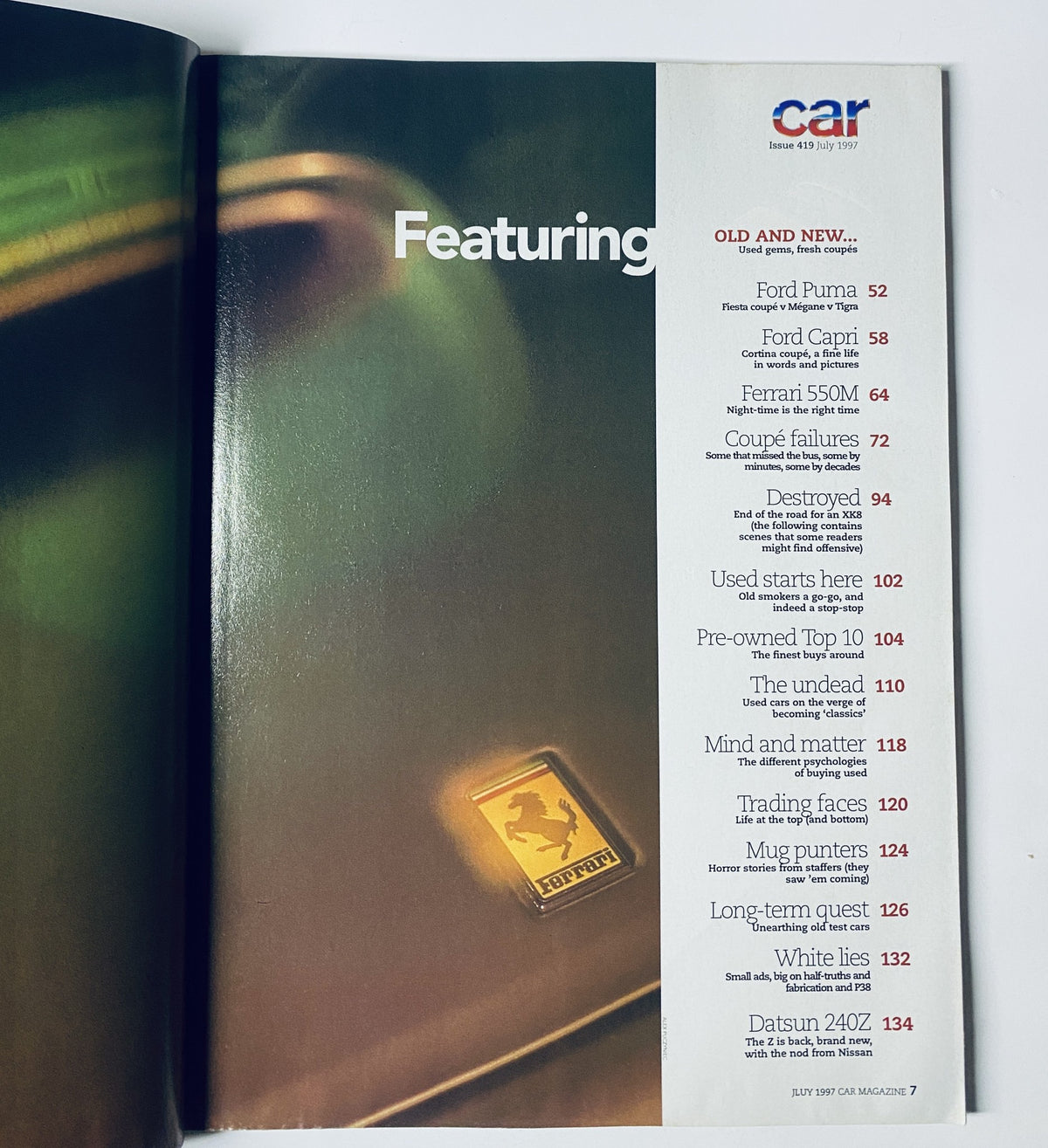 Interior page of Car Magazine July 1997 showcasing the table of contents, highlighting featured articles such as Ford Puma and Ferrari 550M.