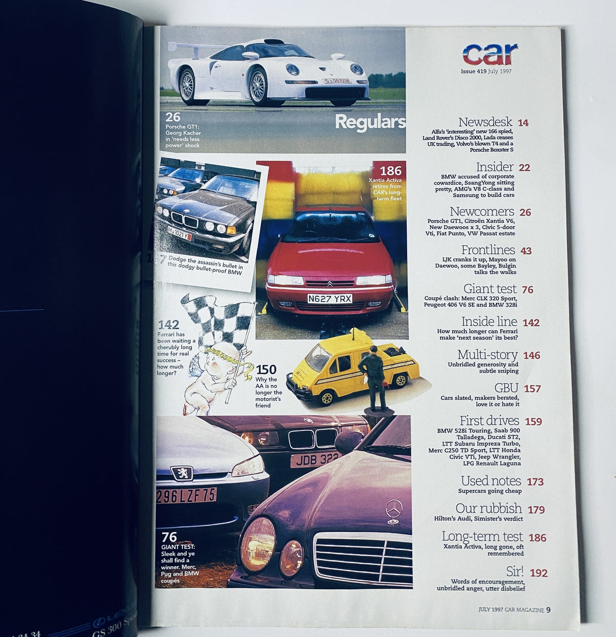 Car Magazine July 1997 cover featuring articles on hot coupes including Mercedes CLK, BMW 328i, Porsche GT1, and Ferrari 550M with visuals of different cars and themed sections.