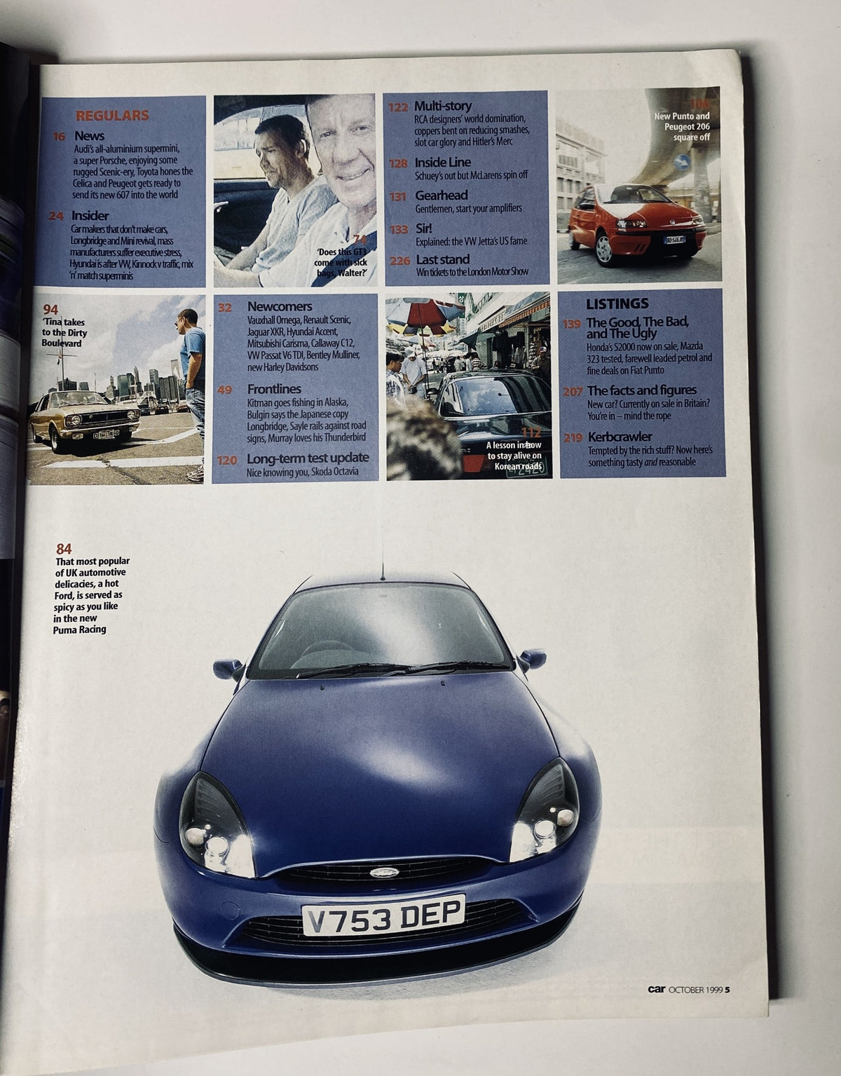 Car Magazine October 1999, featuring the Ford Puma Racing model in a captivating blue hue, emphasizing its sporty design and dynamic appeal.