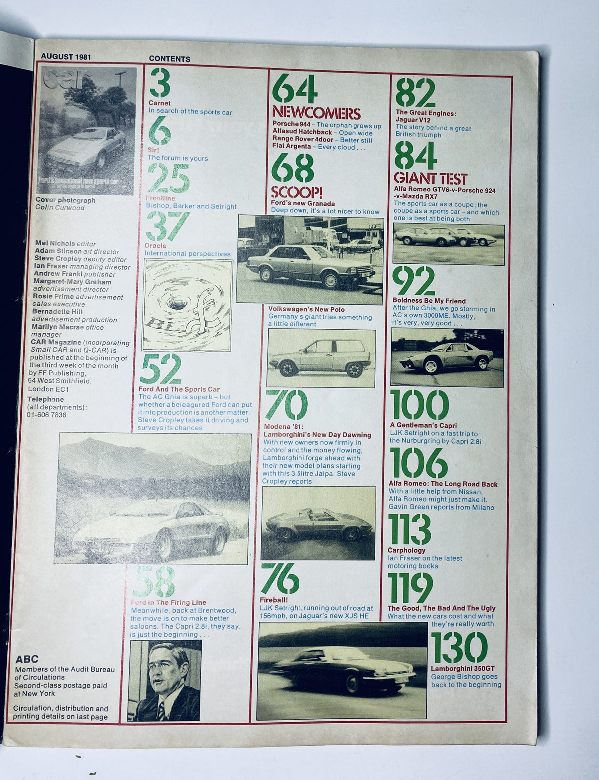 Table of contents from the August 1981 issue of Car Magazine featuring sections on Ford AC Ghia, Lamborghini Miura, and Alfa Romeo GT6.