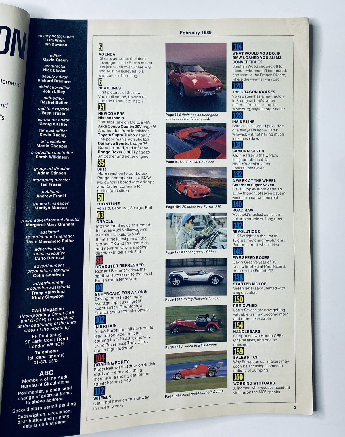 Table of contents of Car Magazine February 1989, highlighting key articles including British roadster and Ferrari F40 test.