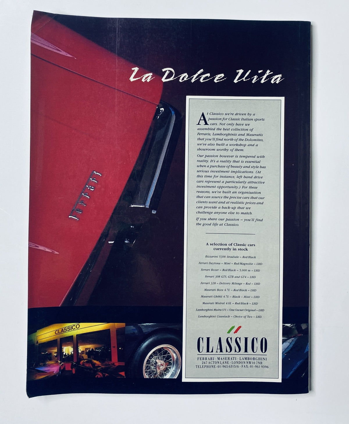 Advertisement from Car Magazine February 1989 for classic cars, featuring the title 'La Dolce Vita'.