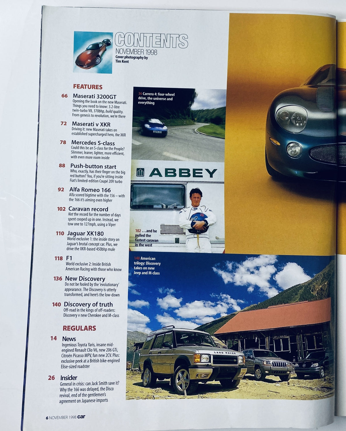 Table of contents from Car Magazine November 1998, listing features on Maserati 3200GT, Jaguar XKR, Mercedes S-Class, and Alfa Romeo 166.