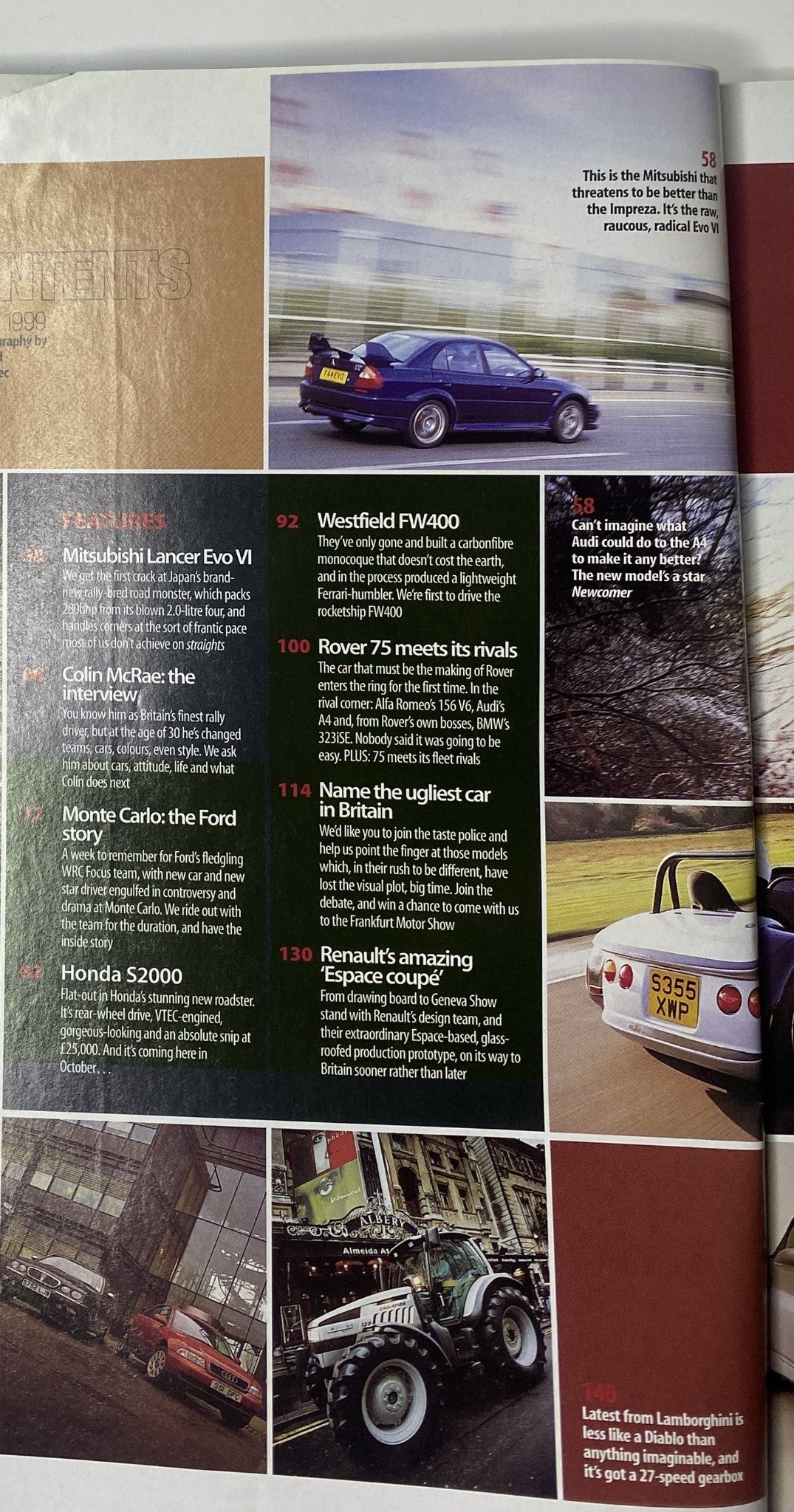 Inside page from CAR Magazine March 1999, detailing the features of various cars including the Mitsubishi Lancer Evo VI, Honda S2000, and Rover 75, with sections on Monte Carlo rally and Westfield FW400.