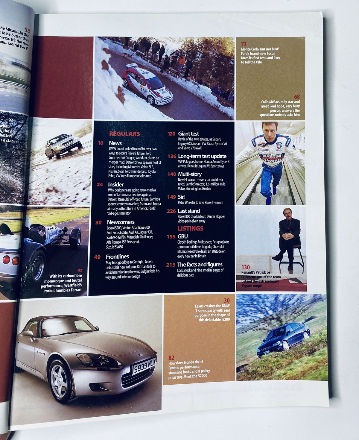 CAR Magazine March 1999 featuring Mitsubishi Evo VI and Honda S2000 highlights, showing a detailed table of contents with articles like giant test, long-term test updates, and an interview with rally star Colin McRae.
