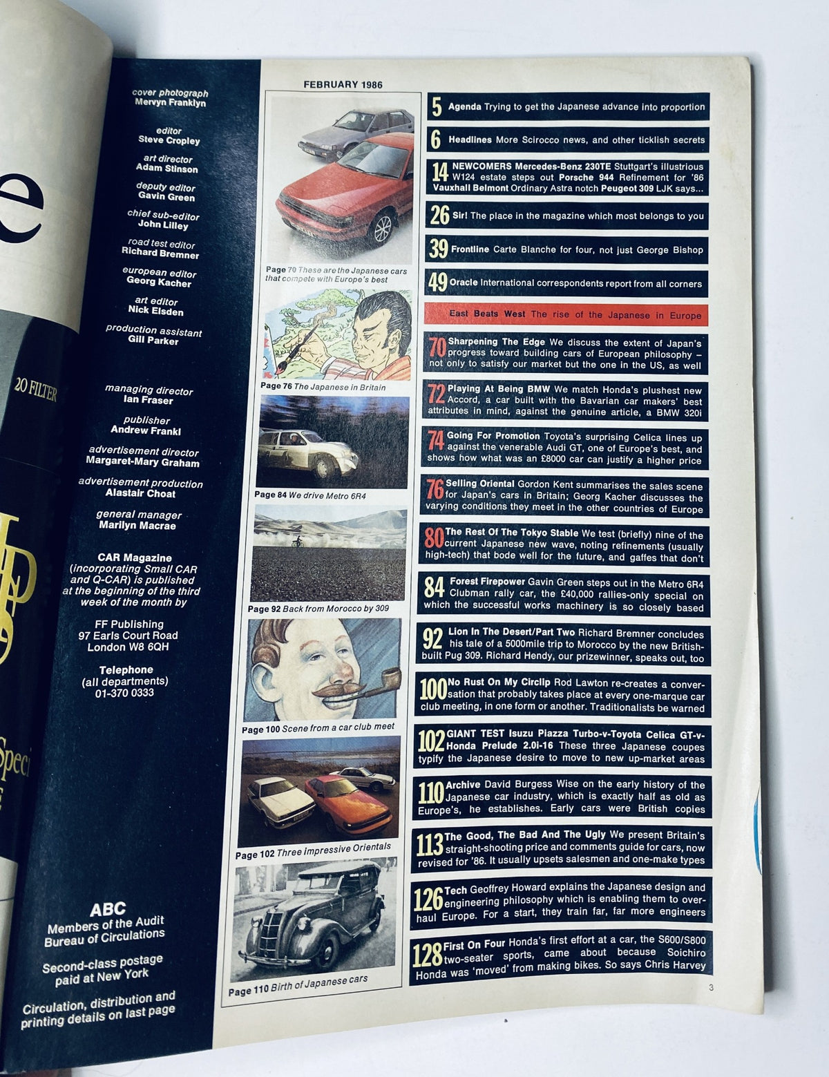Table of Contents from CAR Magazine February 1986, detailing articles including features on Japanese cars and international automotive news.