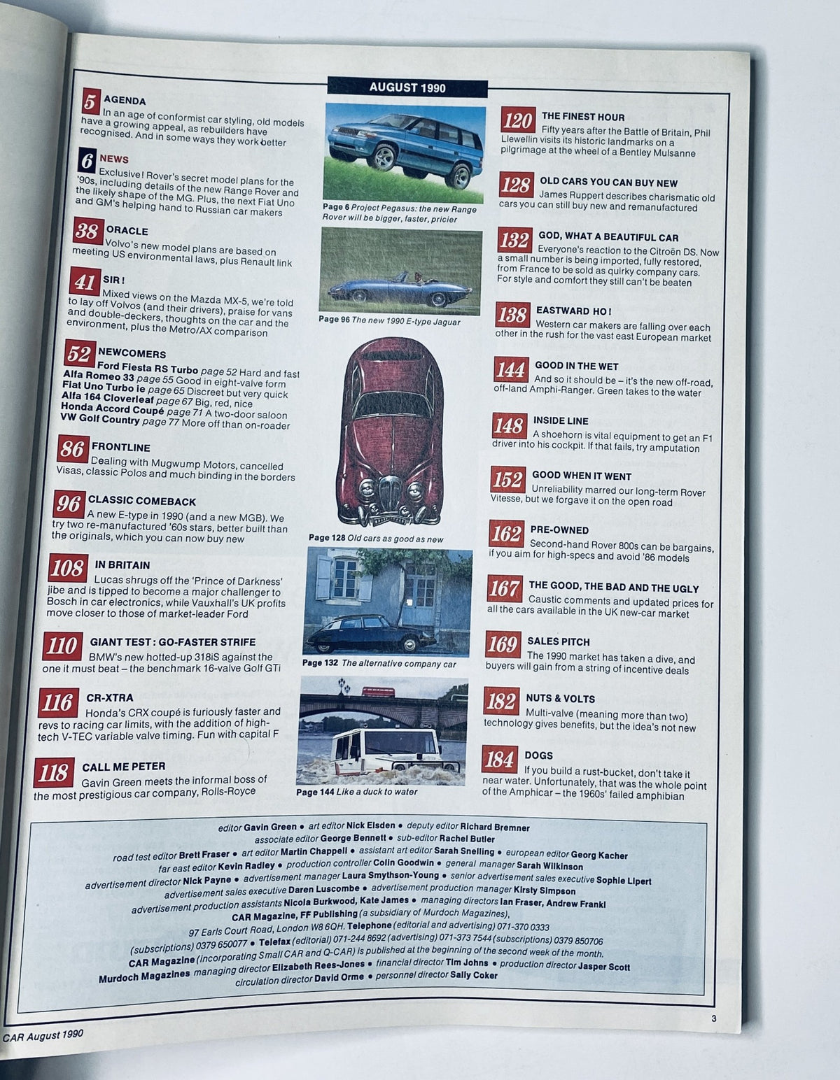 CAR Magazine August 1990 featuring the New Range Rover 4.5 V8 and Jaguar E-Type along with a detailed table of contents including articles on classic cars and automotive news.