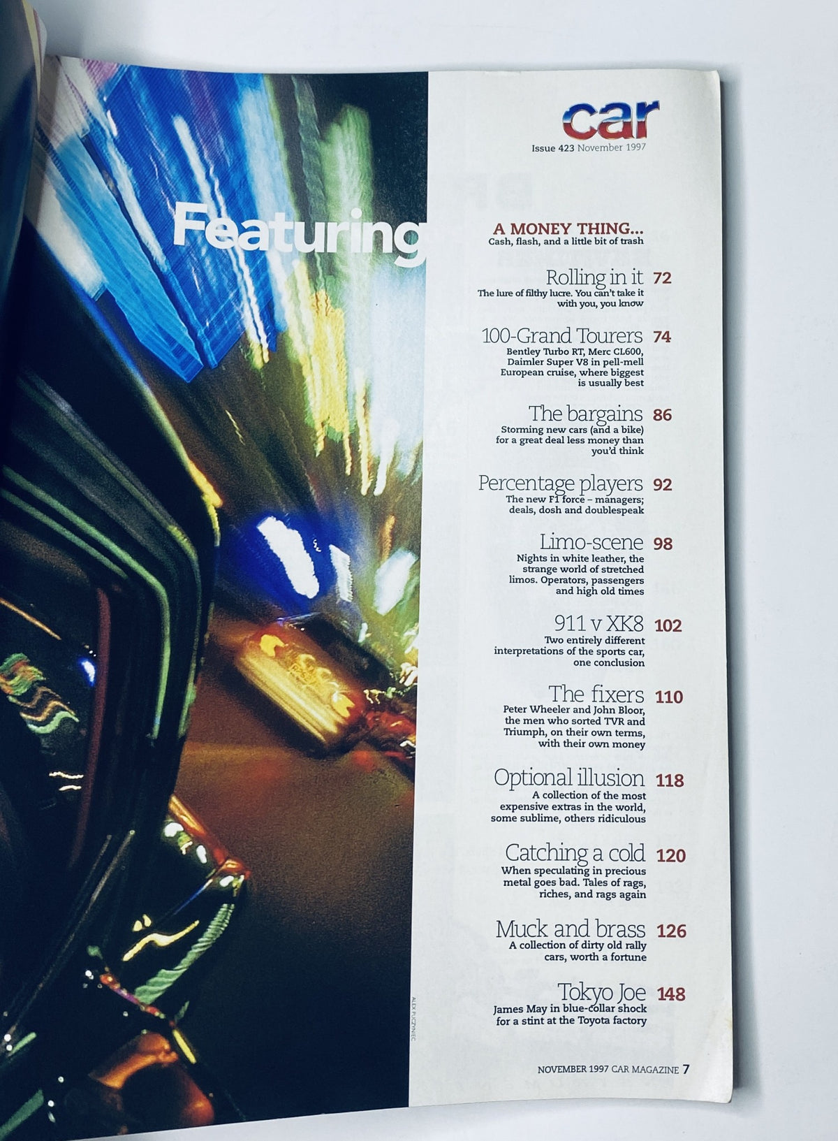 Table of contents page from CAR Magazine November 1997, showcasing featured articles including 'Rolling in it', '100-Grand Tourers', and 'Limo-scene'.