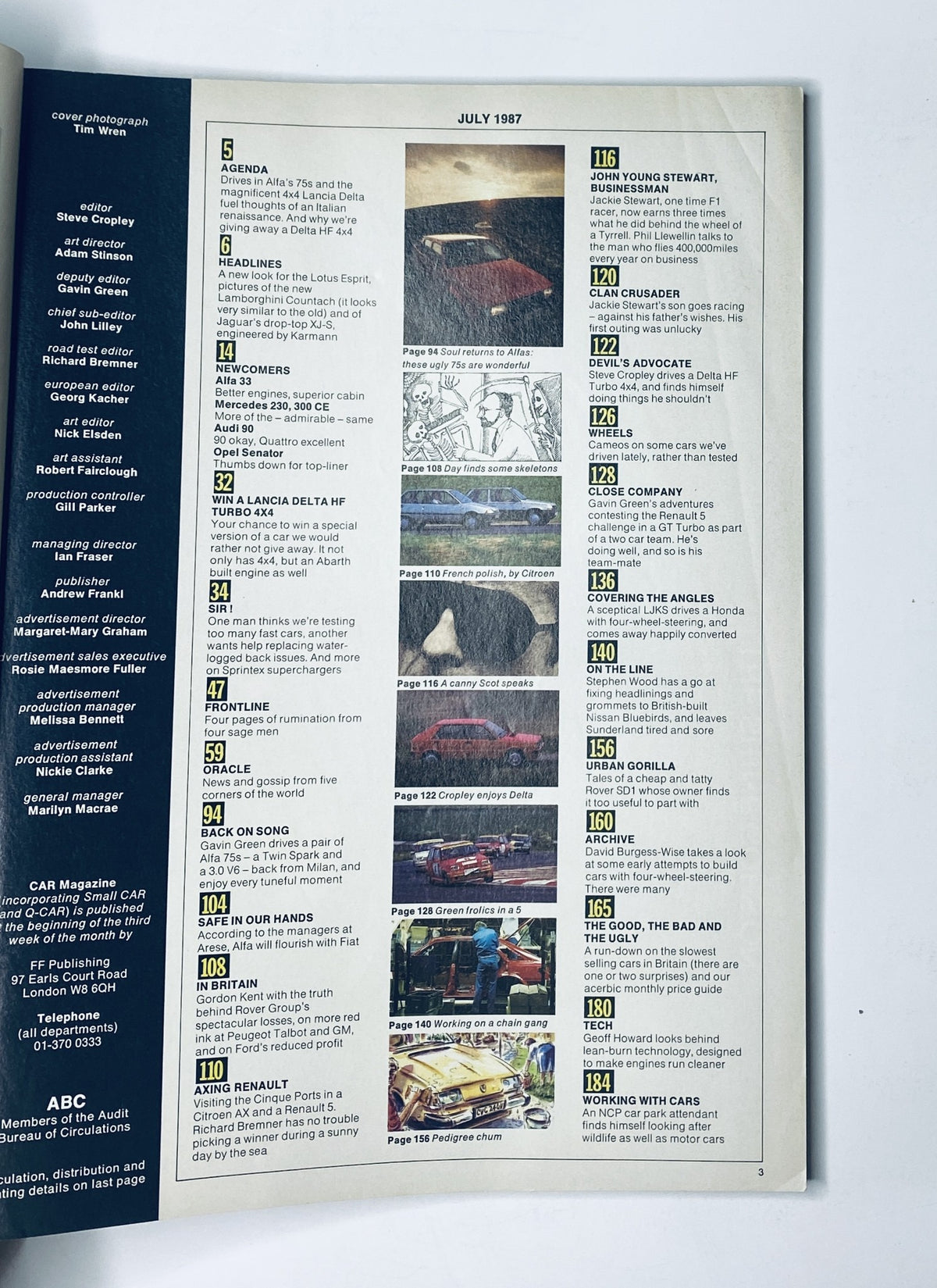 Table of Contents from CAR Magazine July 1987, showcasing various articles including features on Alfa Romeo 75 and Lancia Delta HF Turbo, along with other automotive news and reviews.