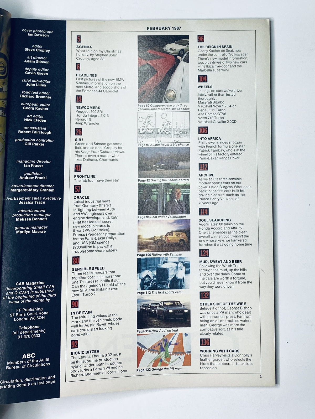 Table of contents from CAR Magazine February 1987 showcasing articles including 'Agenda', 'Headlines', and 'Newcomers'.