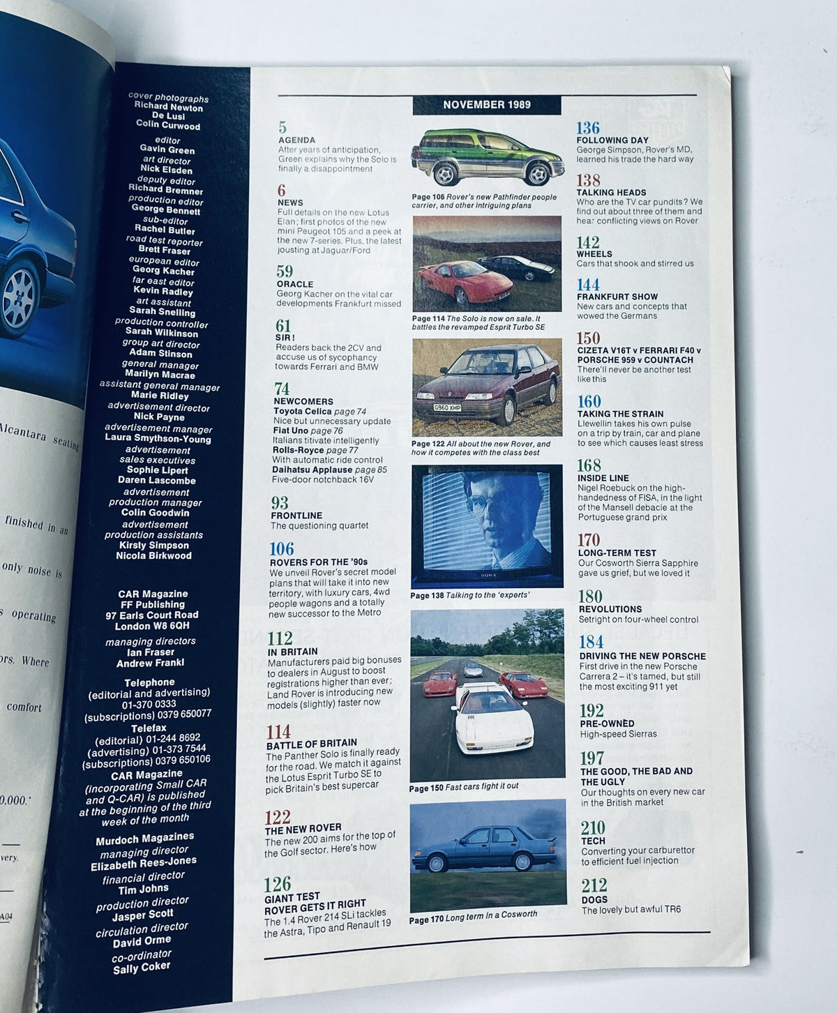 CAR Magazine cover from November 1989 featuring the Rover 200 Pathfinder and highlights on supercars like Cizeta, Ferrari F40, Porsche 959, and Lamborghini Countach.