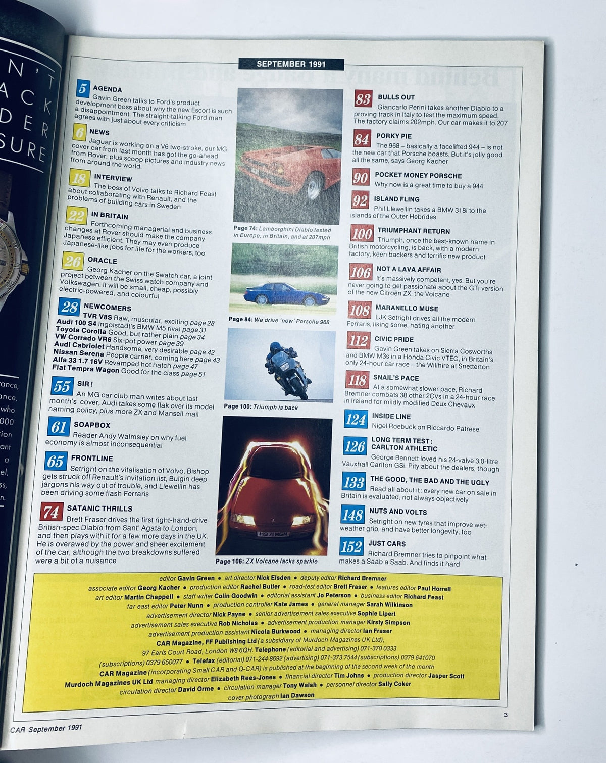 Table of Contents for CAR Magazine September 1991, listing features including Lamborghini Diablo test, TVR V8S review, and Porsche 968 assessment, providing an overview of the articles in this automotive publication.