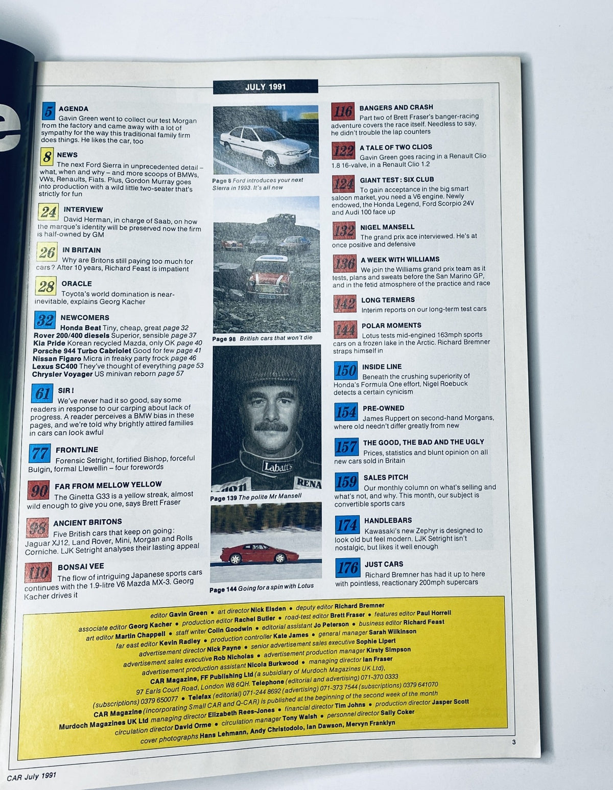 Table of contents from Car Magazine July 1991, highlighting various articles including interviews, reviews, and features on new car models like the Morgan and Renault Clio.