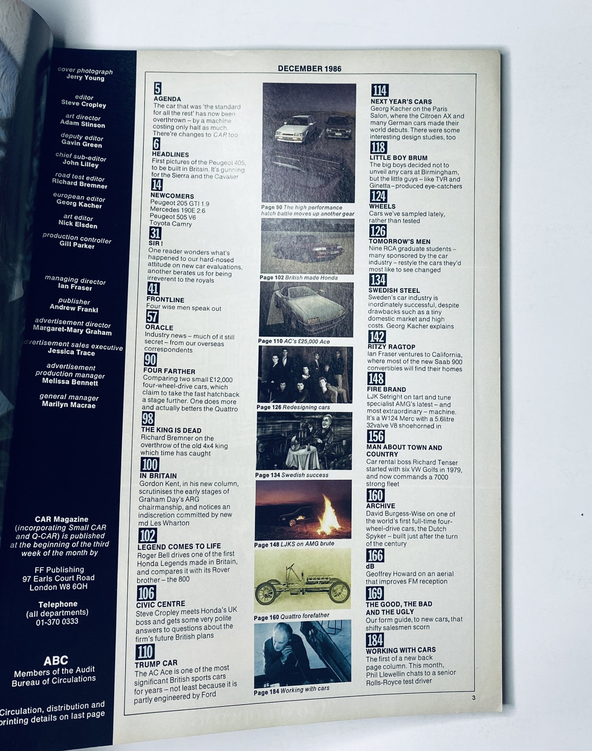 Car Magazine December 1986 Table of Contents displaying various articles and features including 'Next Year's Cars', 'Trump Car', and 'Working with Cars'.