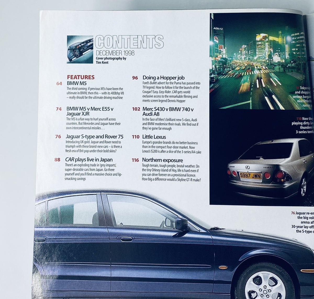 Table of Contents from Car Magazine December 1998, highlighting features like the BMW M5, Jaguar S-Type, Rover 75, and Dennis Hopper's involvement with a Ford Puma advert.