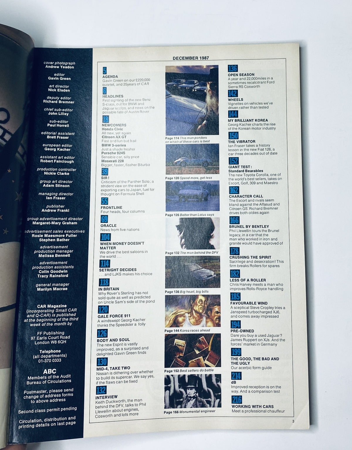 Car Magazine December 1987 Table of Contents featuring articles on BMW 750iL V12, Bentley Turbo R, and Mercedes, highlighting automotive reviews and insights.