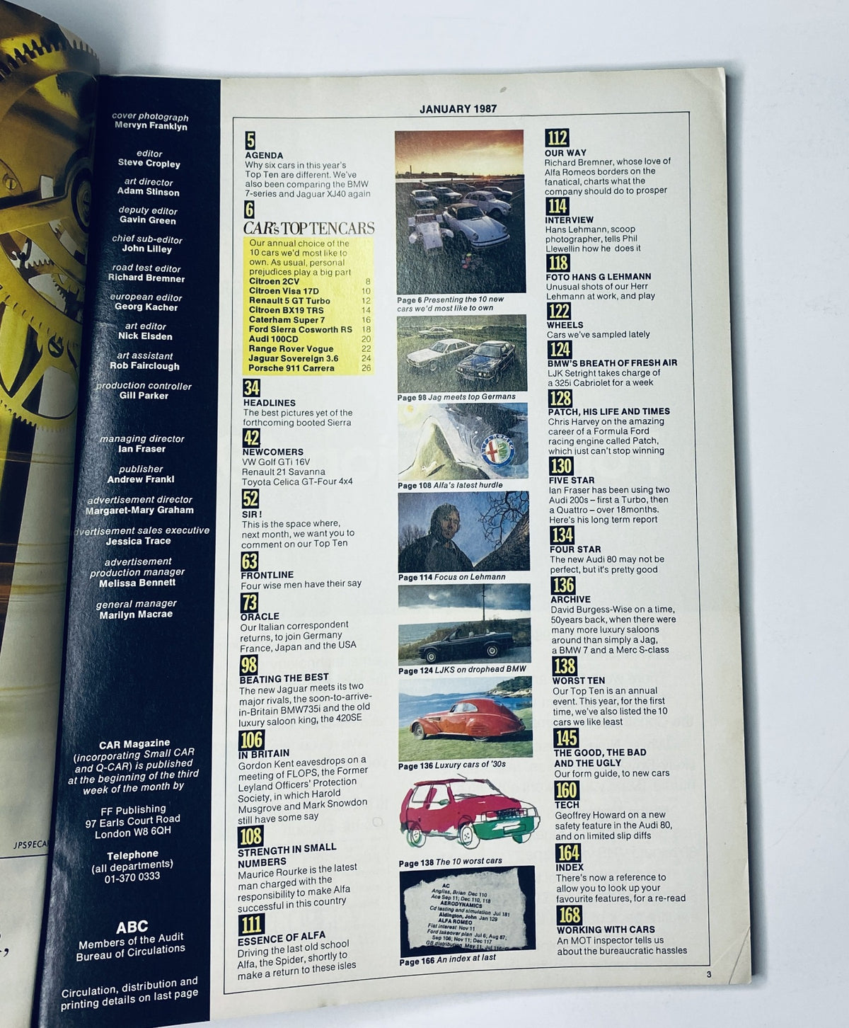 Table of Contents from Car Magazine January 1987, detailing features and articles including the annual Top Ten cars selection and various automotive insights.