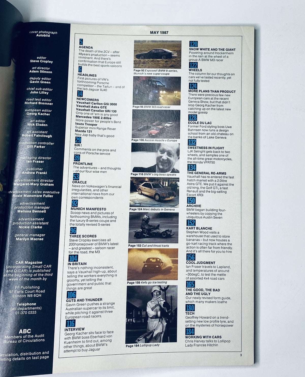 Page from the May 1987 Car Magazine displaying the table of contents, highlighting key articles including 'BMW 8-Series Scoop' and 'Porsche Rival M3 Sierra XJ40'.