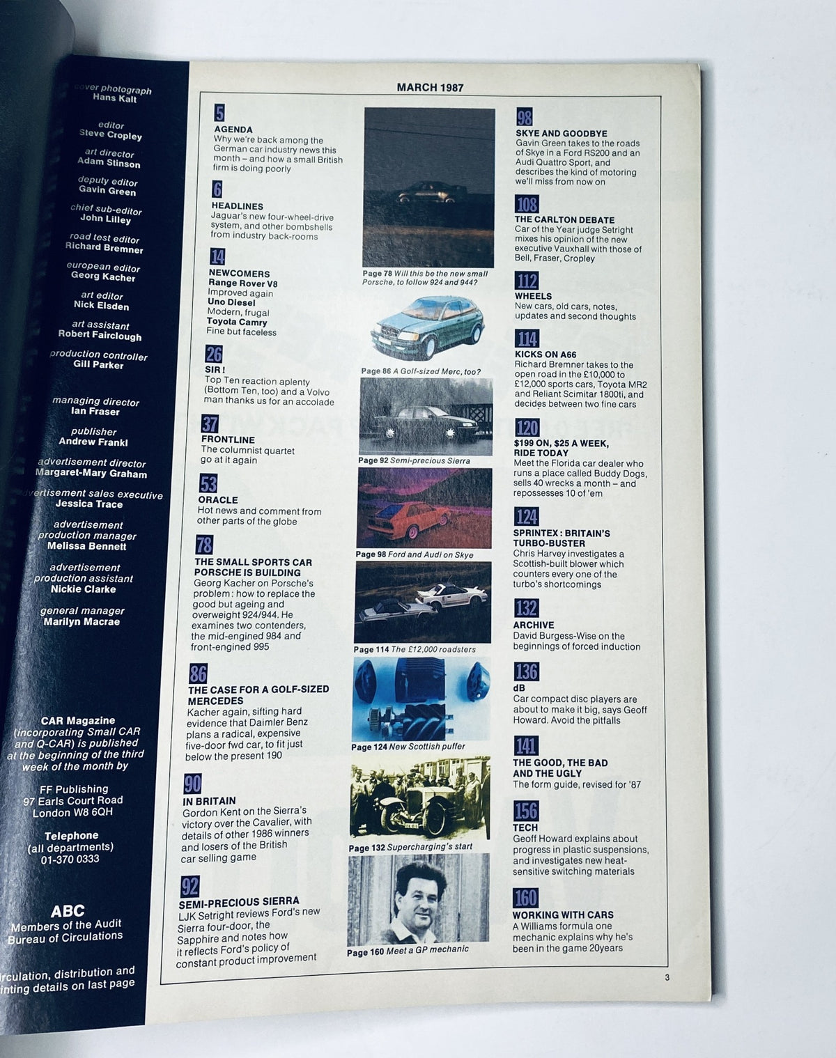 Table of contents from Car Magazine March 1987, listing articles including 'The Cheap Sports Car Porsche Must Build' among others.