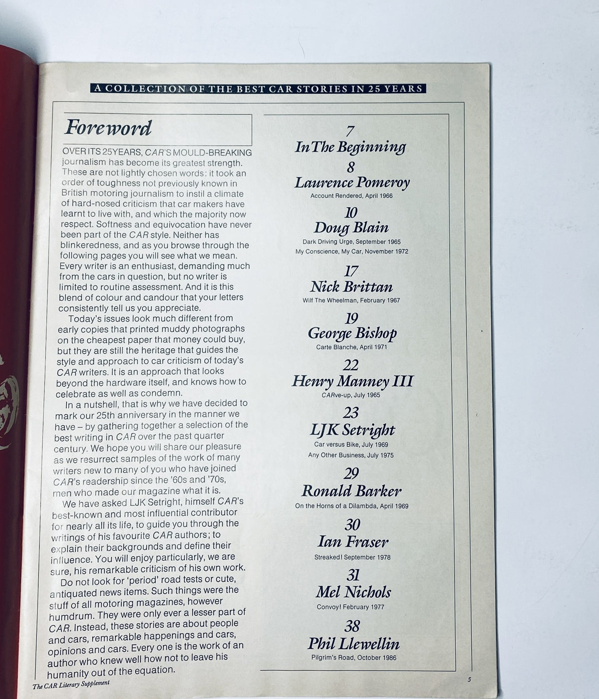 Interior page of the CAR Magazine Best Stories Collection 25 Years showcasing the table of contents with notable contributors and articles.