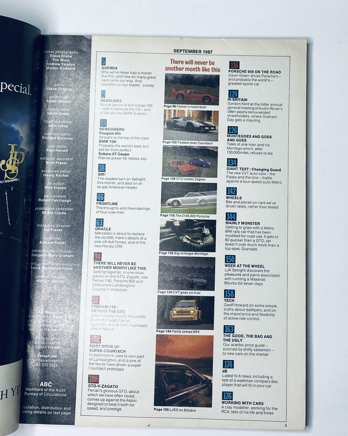September 1987 CAR Magazine featuring a table of contents highlighting iconic cars such as the Ferrari F40, GTO, Zagato, Porsche 959, and Lamborghini Countach.