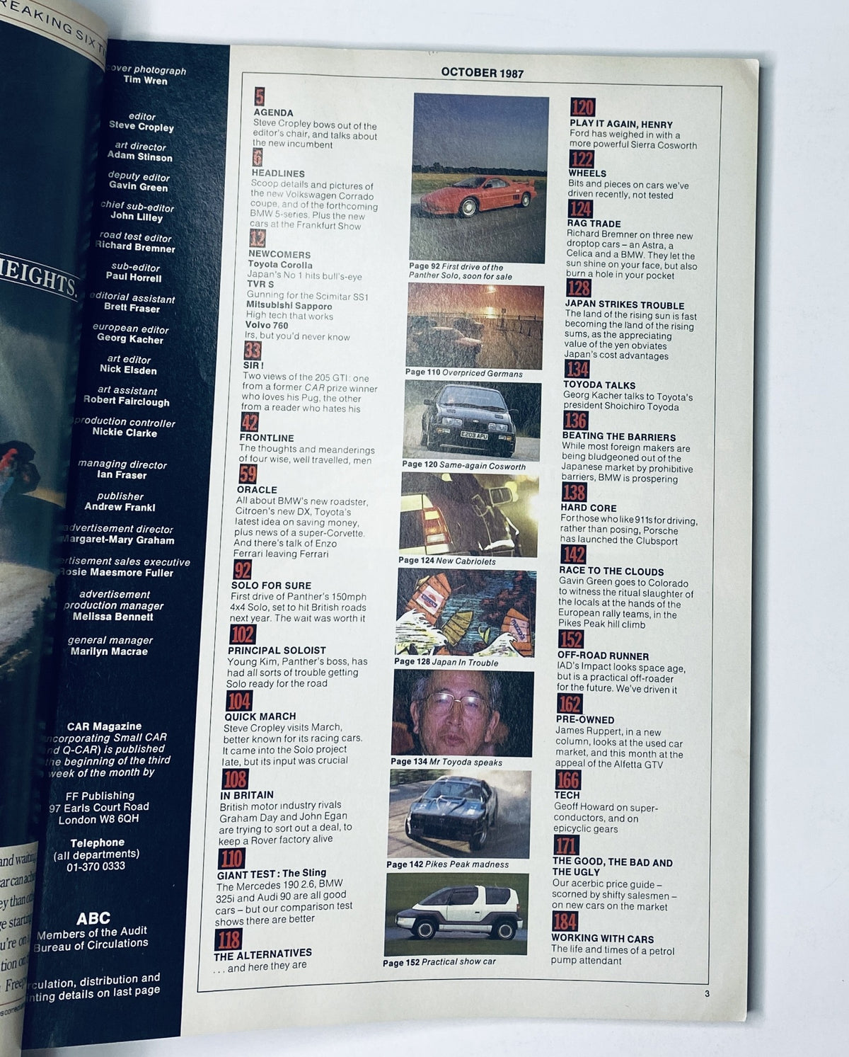 Table of Contents from CAR Magazine October 1987, listing features including the first drive of the Panther Solo 2 and comparisons of the BMW 325i, Audi 90, and Mercedes 190E.