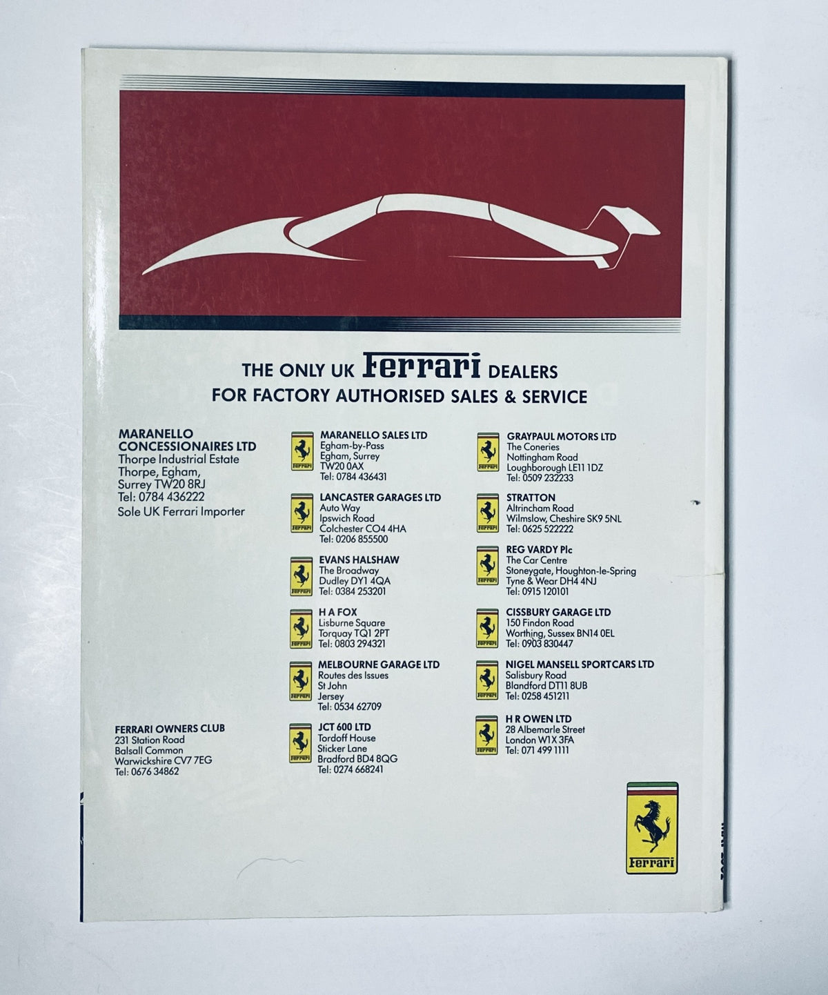 Back cover of CAR Magazine May 1991 showcasing Ferrari dealer listings under the caption 'The only UK Ferrari dealers for factory authorised sales & service'.