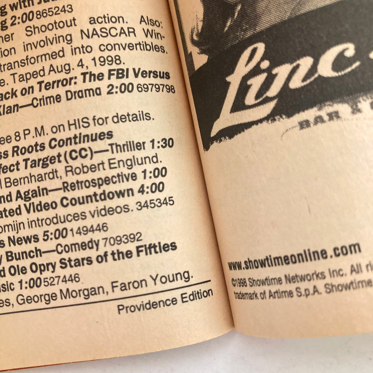 Close-up view of the listings from TV Guide Magazine dated August 8, 1998, featuring notable shows including 'The FBI Versus the Klan' and 'Opry Stars of the Fifties'. This content showcases a vintage magazine item titled 'TV Guide Magazine August 8 1998 Judy Garland, Darth Vader Providence Ed.' highlighting its historical significance and details.