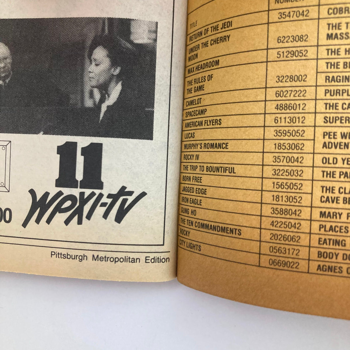 Interior page of TV Guide Magazine February 14 1987 displaying the programming listings for WPXI-TV in the Pittsburgh Metropolitan Edition, including titles like 'Return of the Jedi' and 'Rocky'.